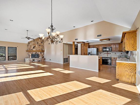 View from the living areas to the dining/kitchen space