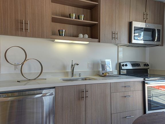 Stylish kitchen with stainless steel appliances and quartz countertops