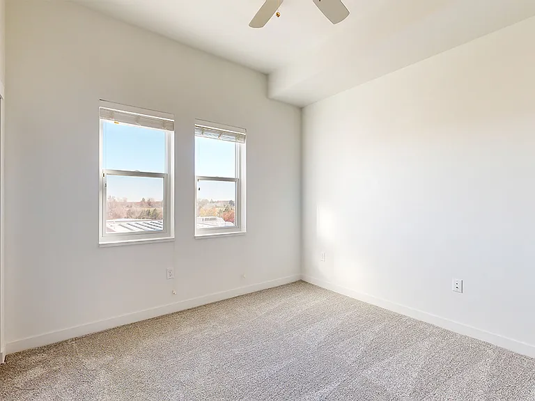 Spacious apartment bedroom with plush carpet flooring.