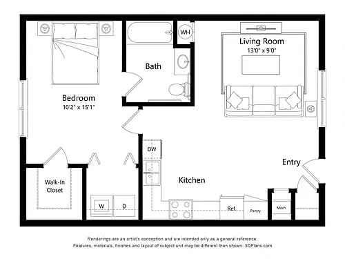 Floor plan Ashe 1 Bedroom