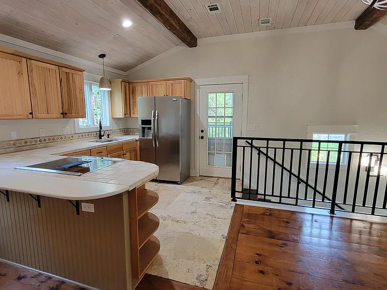 Apartment Kitchen Counter Peninsula, Vaulted Ceiling with Beams