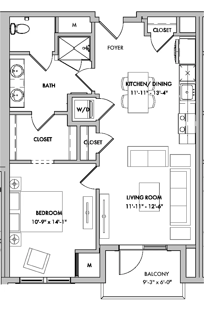 Floor plan Melford I 1 Bed/1 Bath-A5C-B