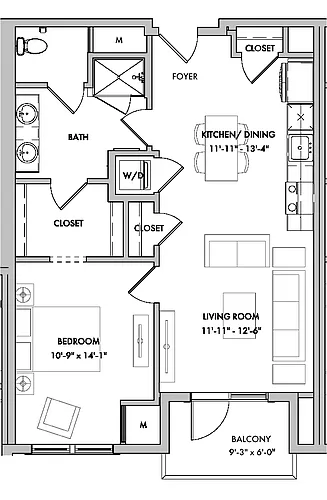 Floor plan Mansions 1 1 Bed/1 Bath-A5C-B