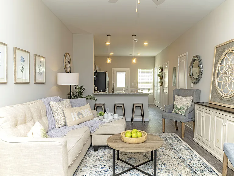 Spacious living room with hardwood-style flooring
