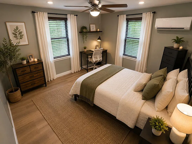 Well-appointed bedroom with two large windows, a work desk, dresser storage, ceiling fan, and mini-split A/C.