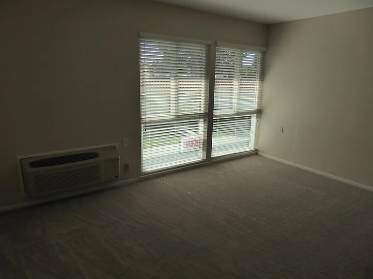 living room with newer windows and wood blinds - Upgraded A/C Heater in wall
