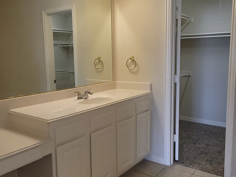 primary room walk in closet next to first sink with vanity