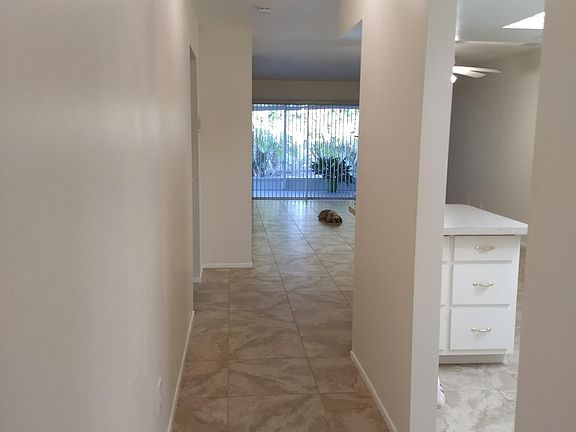 View from entrance into open dining/living room