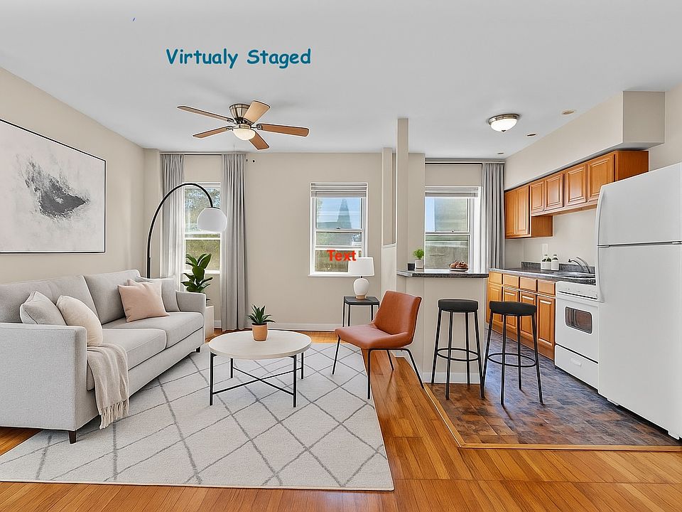 Virtually staged open concept kitchen-living area