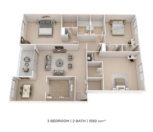 Floor plan Three Bedroom 2 Bath-1550 sqft