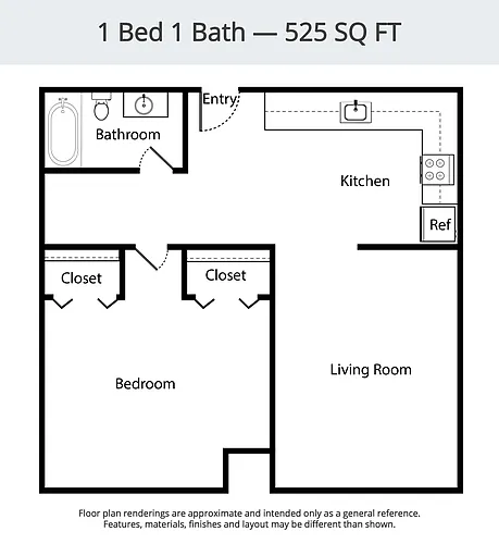 Floor plan 1 Bed 1 Bath 1023