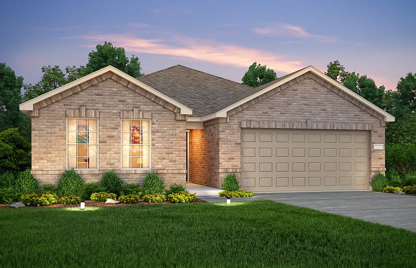 The Rayburn, a one-story home with 2-car garage, shown with Home Exterior O