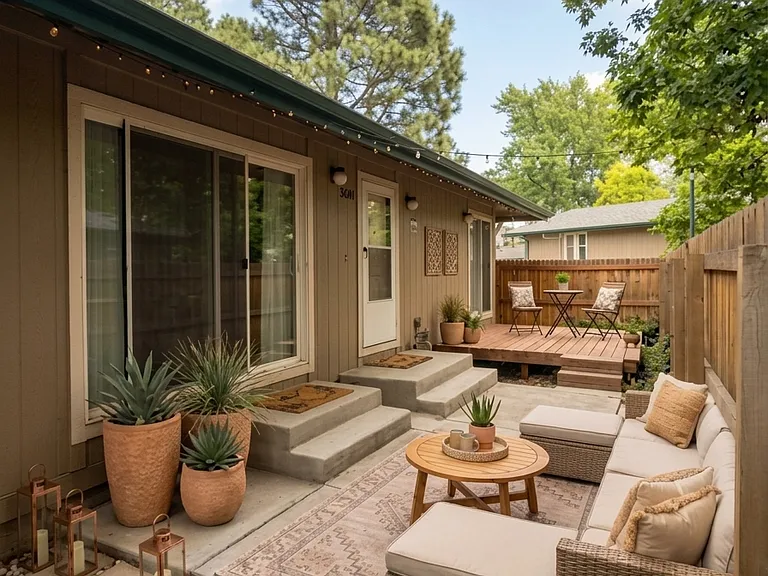 Beautiful private patio with two sliding glass doors, one opening to the family room and the other to the main floor master bedroom.