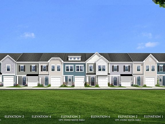 Elevation rendering of the DRB Homes Lynnhaven Townhome Design. They are two stories with a one-car