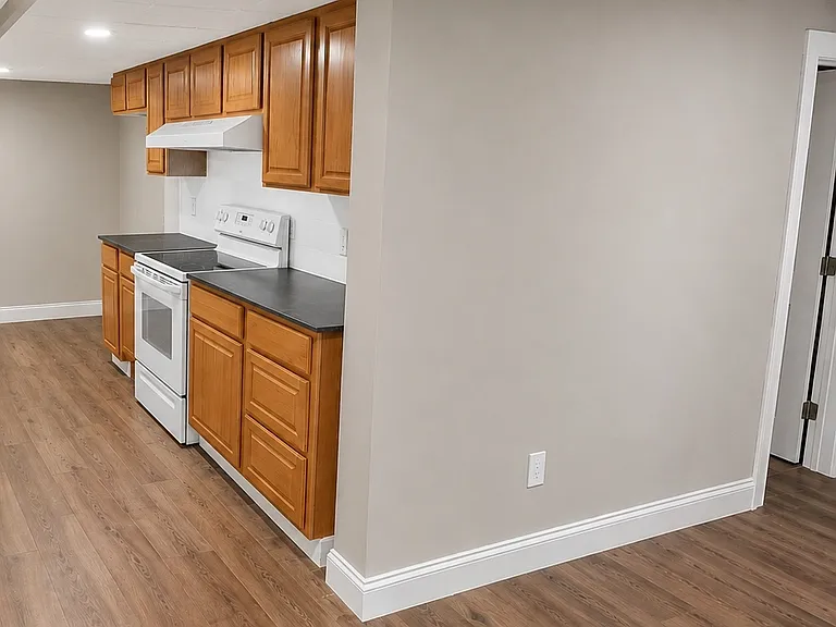 AI-modified to show eventual Kitchen (from LR); Kitchen floor will gray, wood-graining planking
