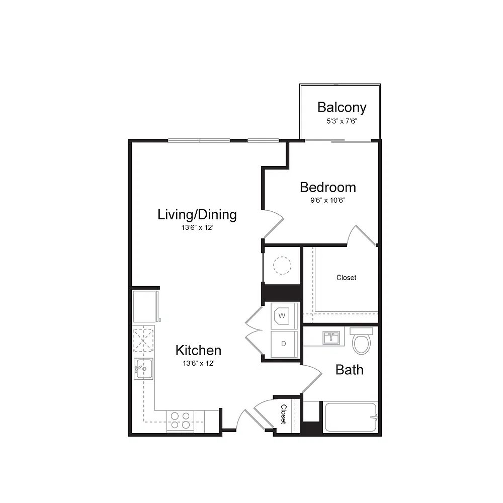 Floor plan One Bedroom/One Bath (1V-A) Balcony