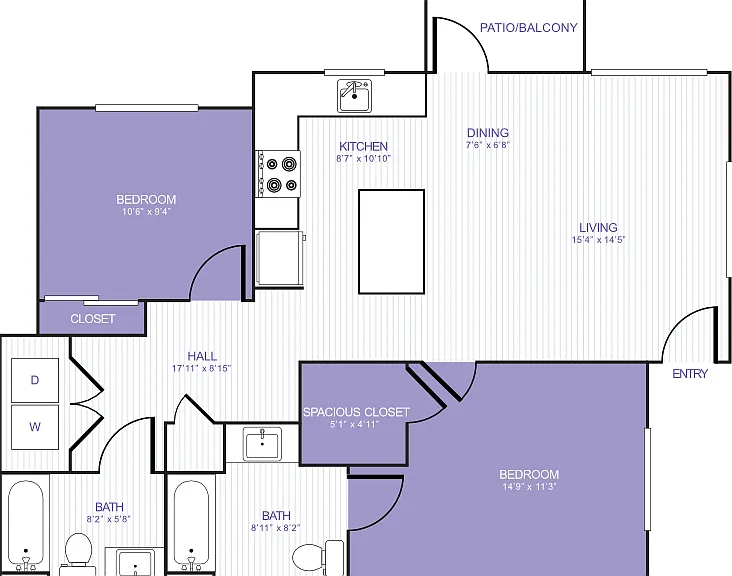 2 Bed 2 Bath 22E Floorplan Diagram