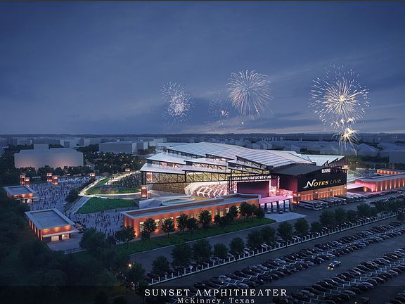 A rendering of the Sunset Amphitheater, located in McKinney, Texas, shows it situated northeast of the intersection of US 75 and SH 121. The venue occupies a 46-acre site adjacent to the Sheraton McKinney Hotel and is expected to open in 2026.