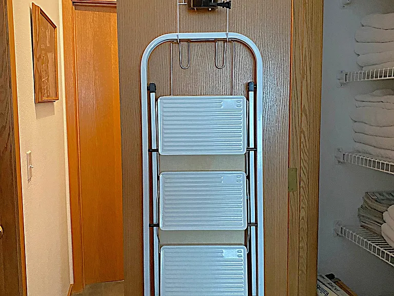 Hallway Linen Closet w/Stepstool, Iron, & Ironing board