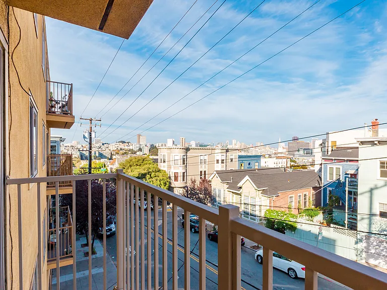 Cityscape viewed from a balcony