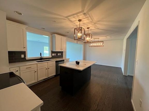 Quartz countertops in kitchen, storage in island