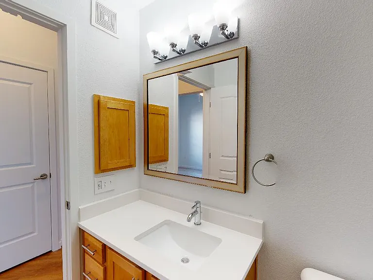 Apartment bathroom with wood-style flooring.