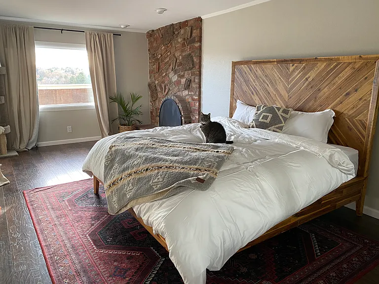 Primary bedroom is massive! Has wood burning fire place, access to back patio, and TWO huge closets - one being a large walk in, both closets in primary have custom shelving! Bed shown is a king size.