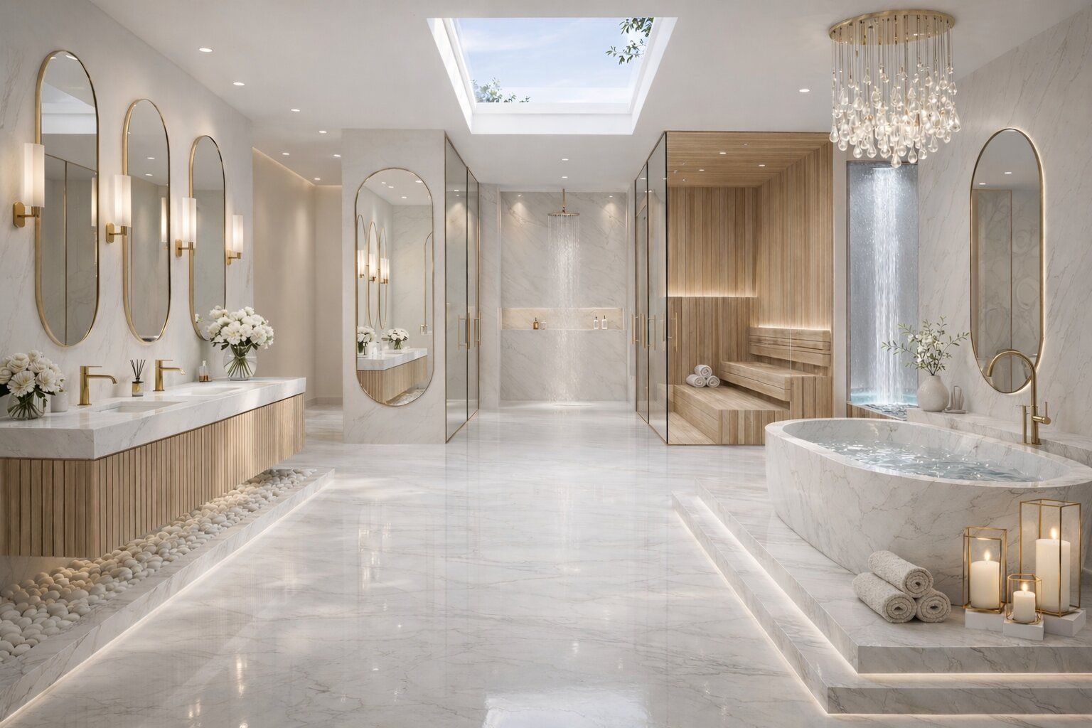  Spa-inspired first-floor bathroom featuring a steam and rainfall shower, custom-built sauna, and a s
