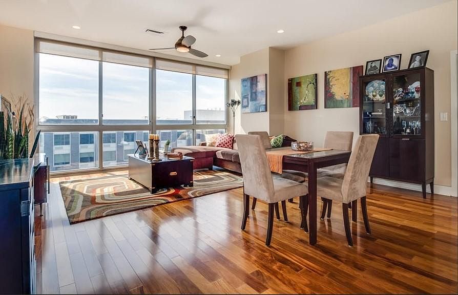 Rare opportunity to rent a privately-owned condo with higher-end finishes than most rentals. Living room with southern exposure and floor to ceiling windows with view out to Liberty Harbor.