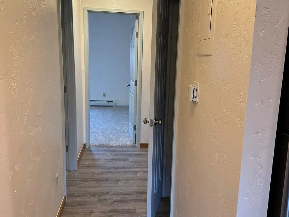 Downstairs hall (kitchen pantry on the right). One bedroom door on the left, one straight ahead.