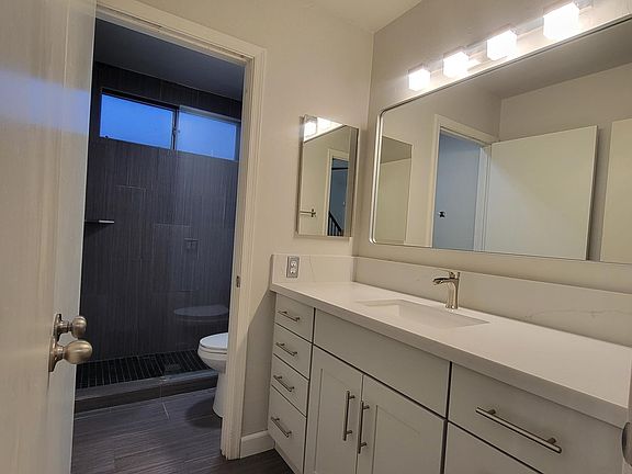 Downstairs bathroom. Brand new: cabinets, lighting, medicine cabinet, mirrors, granite countertops/backsplash, waterfall sink faucet. Separated from shower and toilet room.