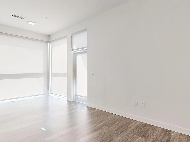 Apartment living room with wood-style flooring.