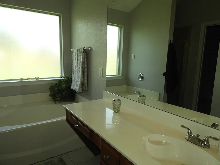 Primary bathroom with makeup vanity and garden tub.