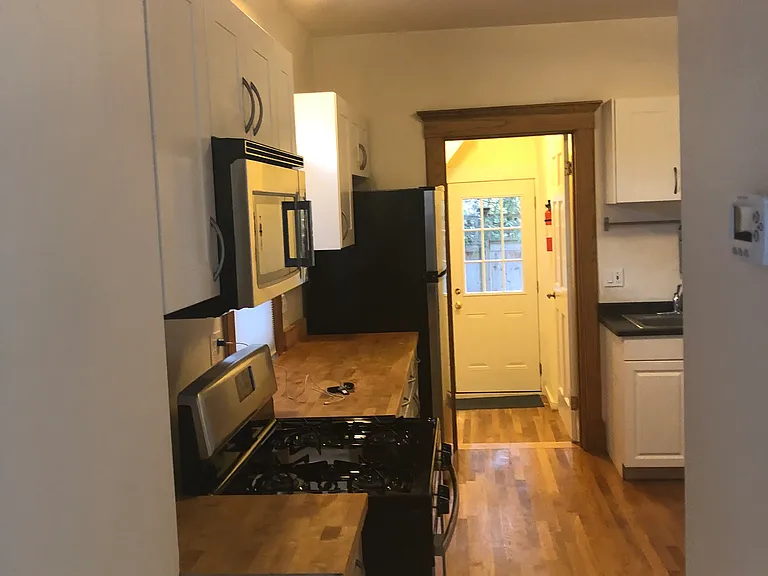 Kitchen showing back door and walk in closet