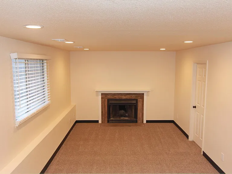 Family room with wood burning fireplace, storage behind door on the right