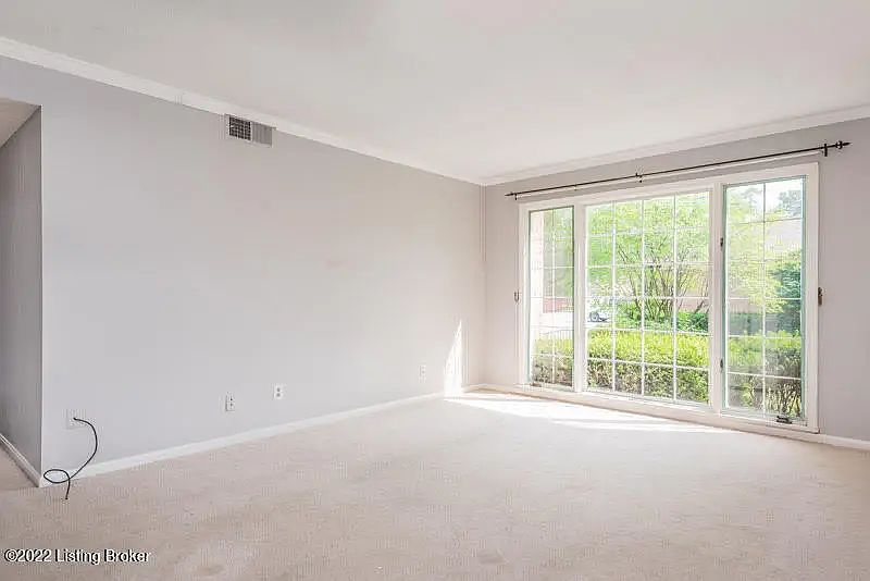 CONDO LIVING AREA STRAIGHT ON VIEW WITH BACKGROUND VIEW OF HALL CLOSET & PART OF HALLWAY
