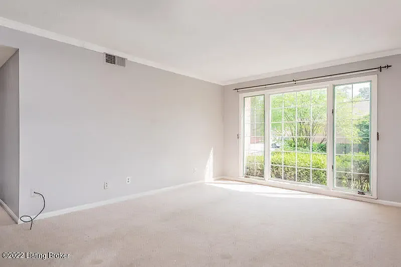 CONDO LIVING AREA STRAIGHT ON VIEW WITH BACKGROUND VIEW OF HALL CLOSET & PART OF HALLWAY