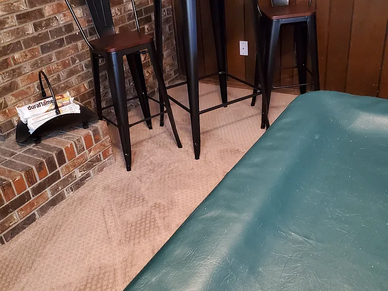 hi-table, 2 hi-chairs, newer carpeting, pool cover, brick mantle