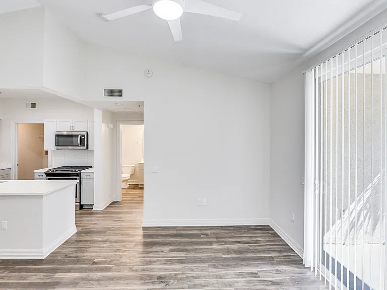Wood-style plank flooring throughout kitchen and living space