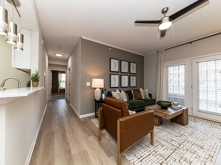 Spacious living room with hardwood-style flooring