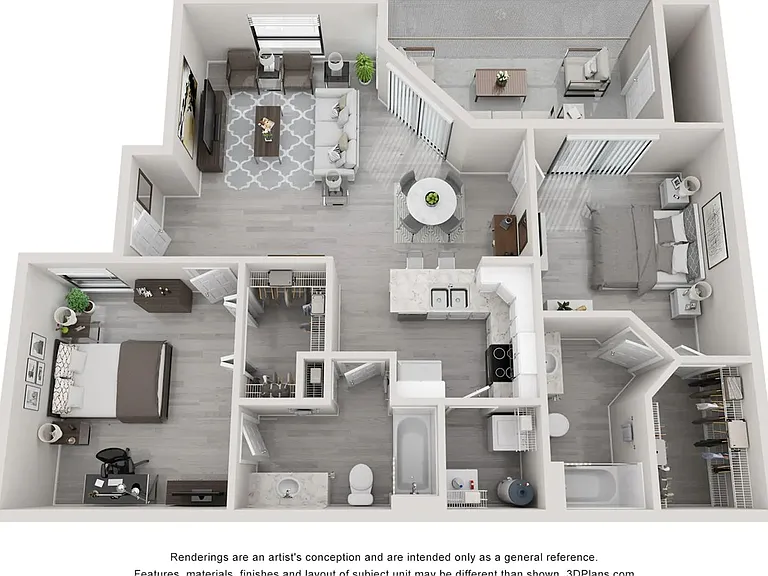 A 3D floor plan rendering of The Riviera.