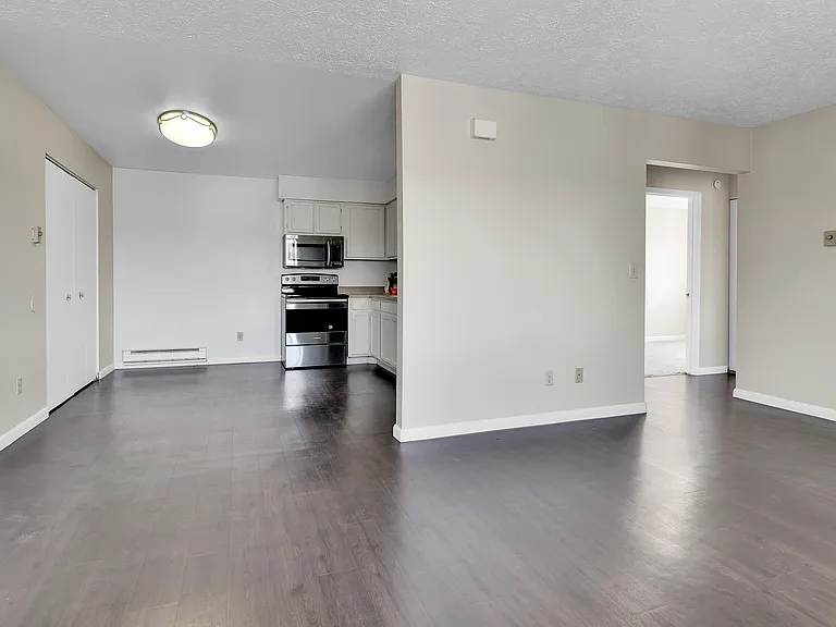 Living room opens to kitchen. Kitchen features dining area.
