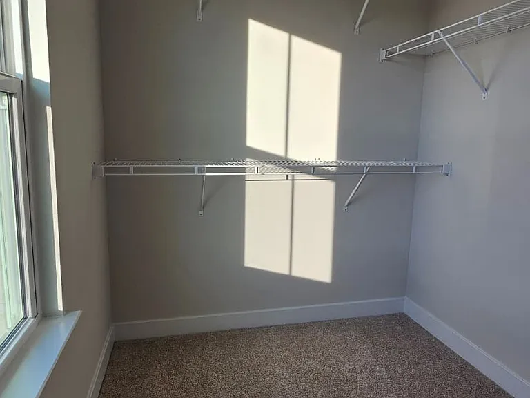 Master walk-in closet with ample shelving and a window