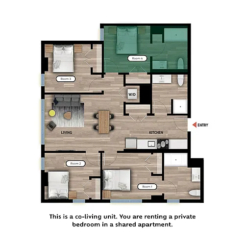 Floor plan Private Bed in a 4 Bed 3 Bath B - RM4-Private Bath