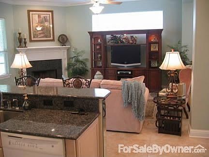 LR from kitchen : granite island with view to TV & fireplace