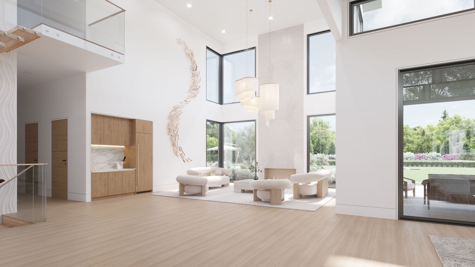 A dramatic double-height great room featuring a statement fireplace, and a built-in bar wine cooler.