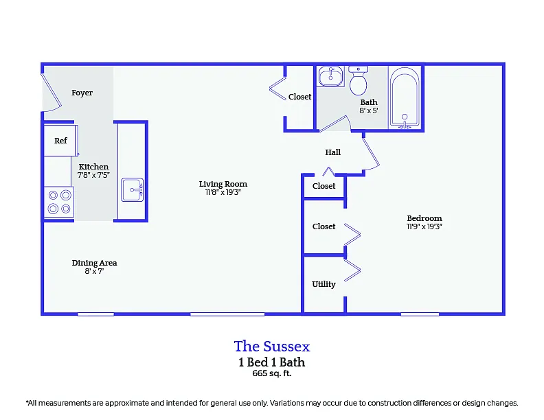 Floor plan The Sussex-1 bedroom/1 bath - gas included