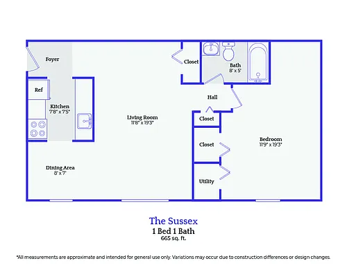 Floor plan The Sussex-1 bedroom/1 bath - gas included