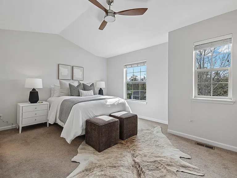 Master bedroom, vaulted ceilings, mountain views, a five-piece bath and a large walk-in closet.