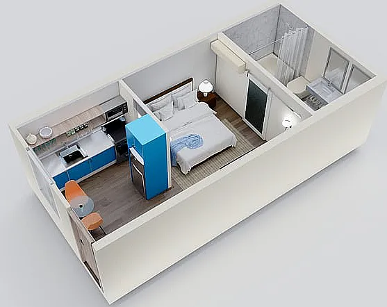 Explore this beautifully designed studio apartment with its efficient use of space and modern amenities.
